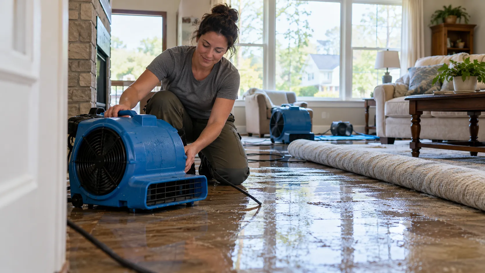 Water damage restoration technician drying a flooded living room in Portland